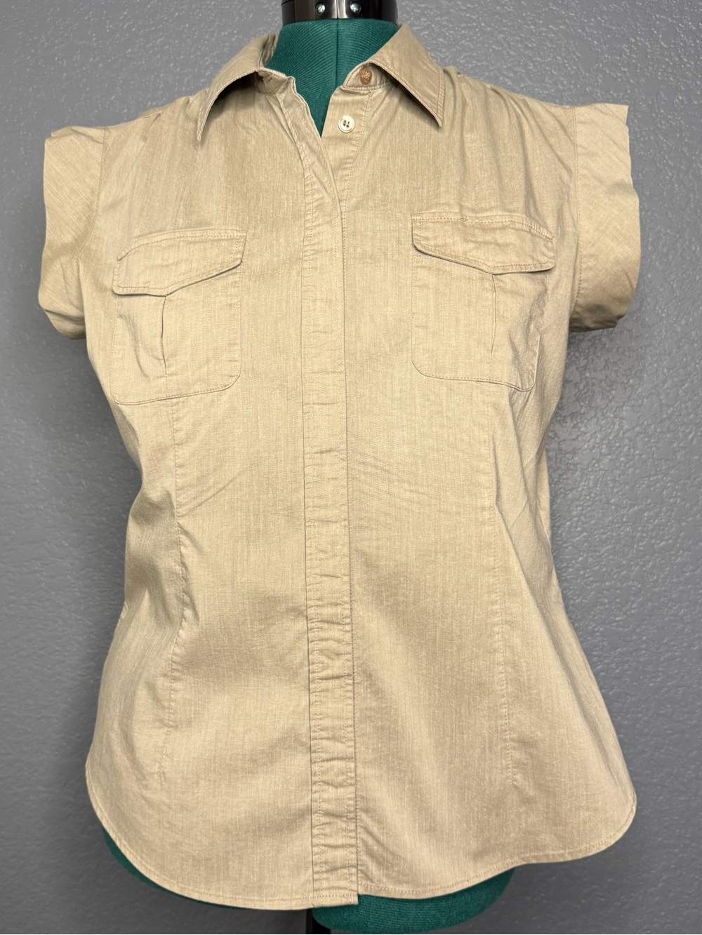 New York & Company Tencel Lyocell Utility Shirt Beige Button Front Short Sleeve